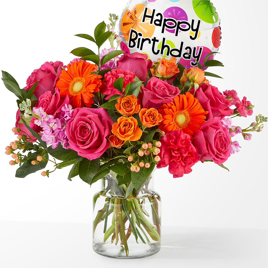 Fiesta Bouquet with Birthday Balloon – The Flower Garden #2, Tupelo MS