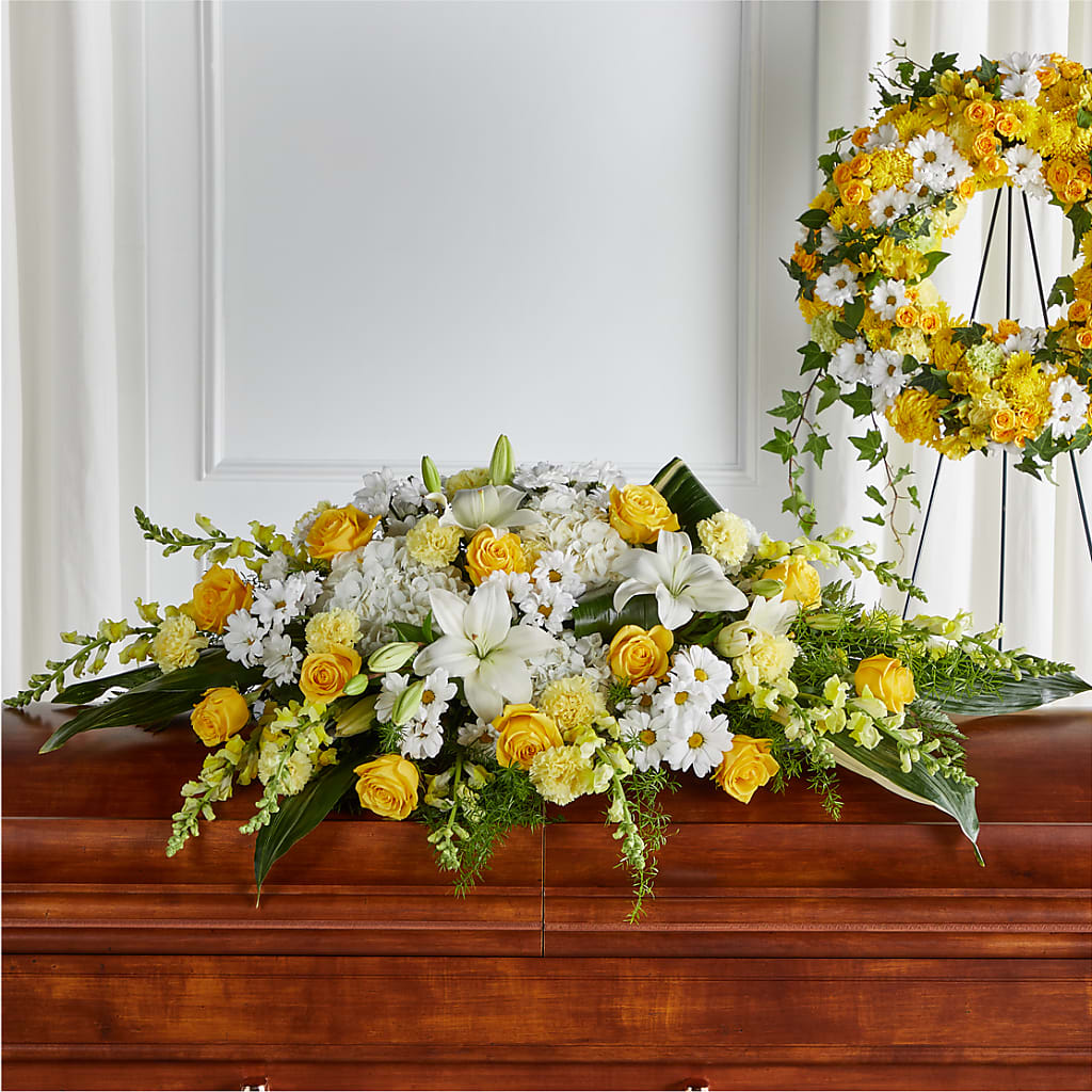 Golden Harmony Casket Spray – The Flower Garden #2, Tupelo MS
