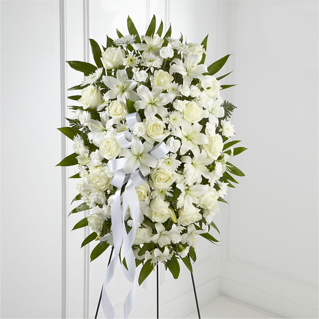 Exquisite Tribute Standing Spray-White Ribbon – The Flower Garden #2, Tupelo MS