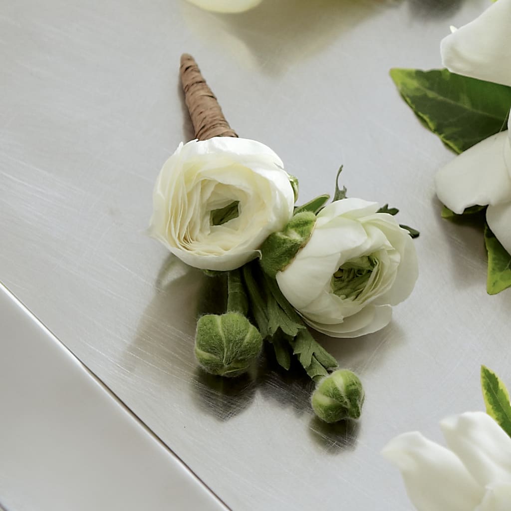 White Ranunculus Boutonniere – The Flower Garden #2, Tupelo MS
