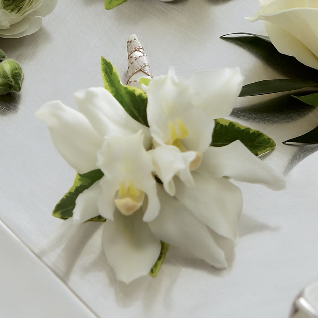 White Mini Cymbidium Boutonniere – The Flower Garden #2, Tupelo MS